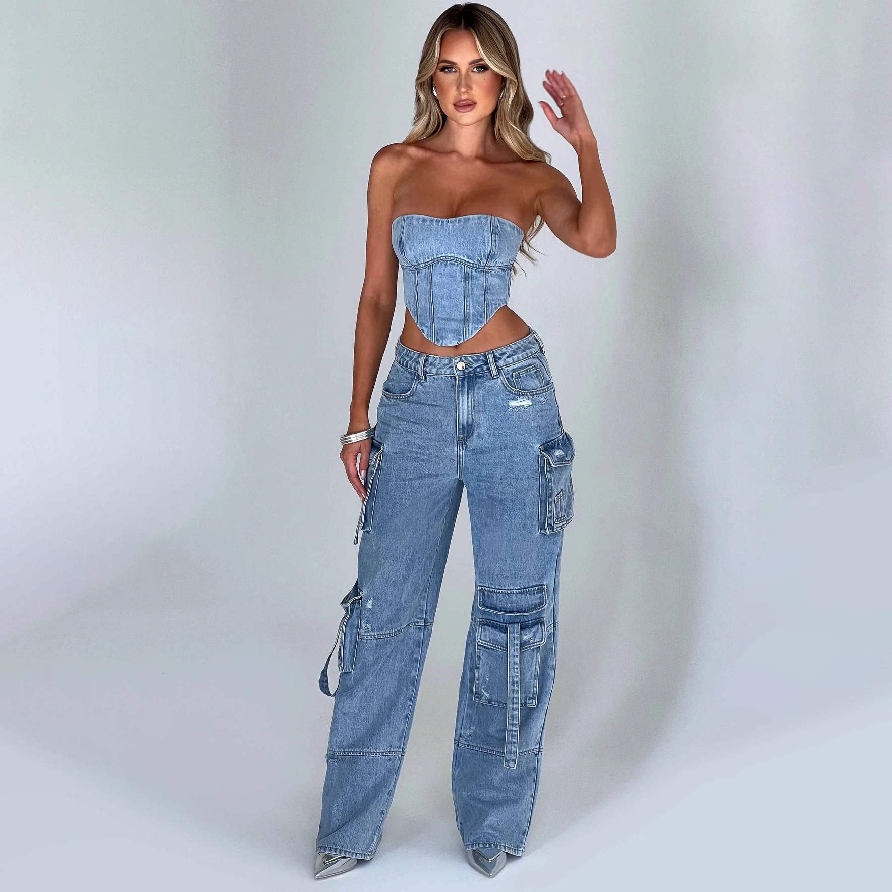 Women's Suit Low Waist Three-dimensional Tube Top And Pocket Stitching Jeans Pants - Image 9