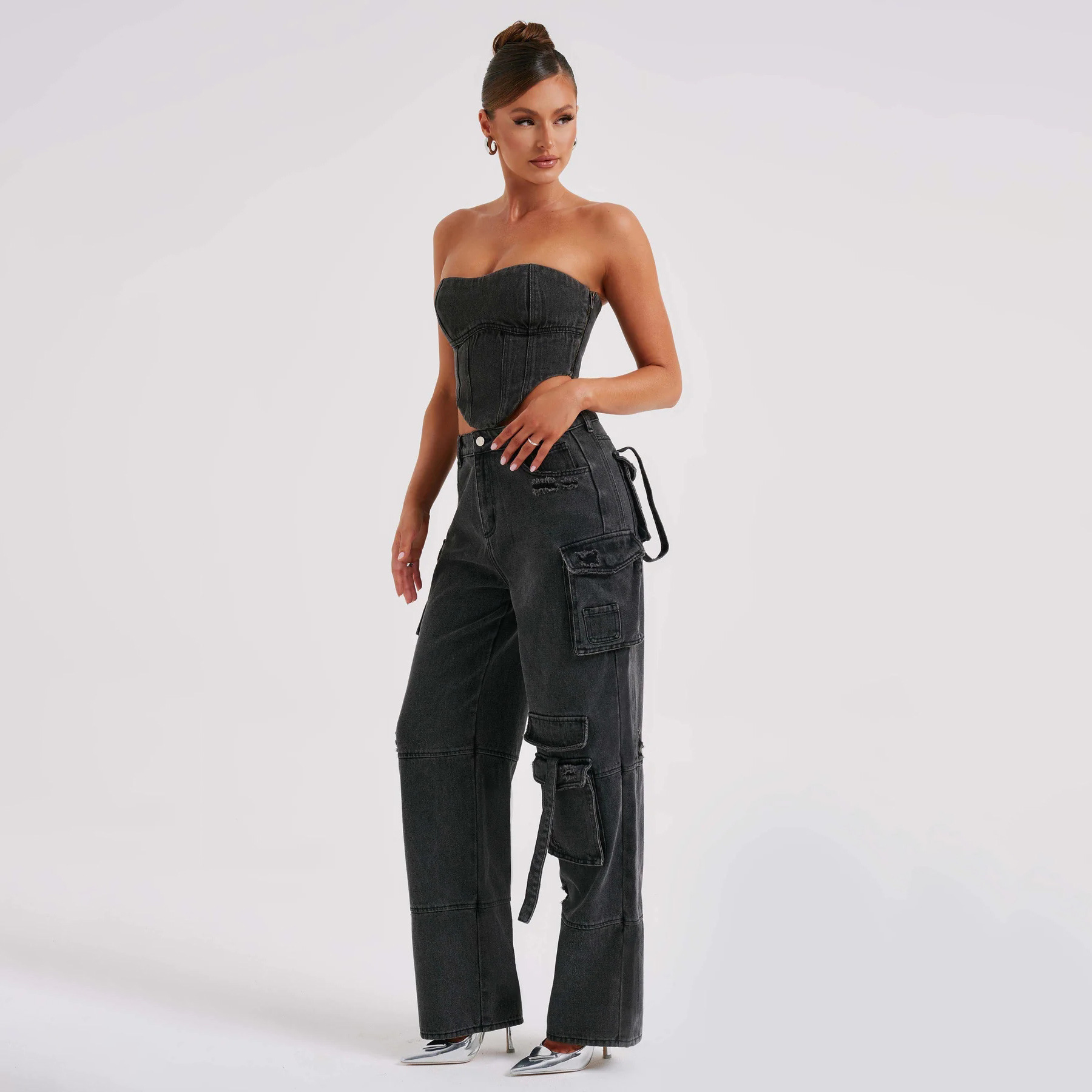 Women's Suit Low Waist Three-dimensional Tube Top And Pocket Stitching Jeans Pants - Image 8