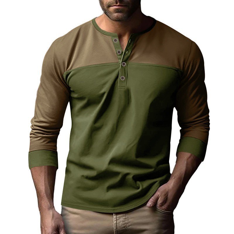 Retro Trendy Long-sleeve Color Matching Henry Collar Bottoming Shirt Casual T-shirt - Image 4