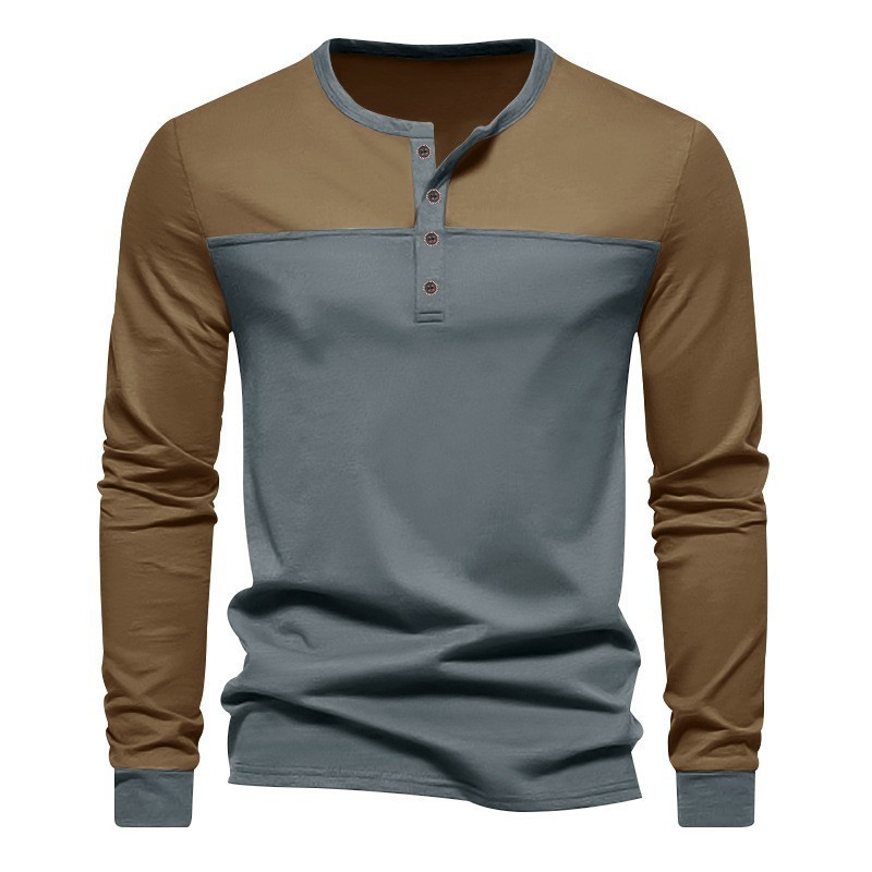Retro Trendy Long-sleeve Color Matching Henry Collar Bottoming Shirt Casual T-shirt - Image 8