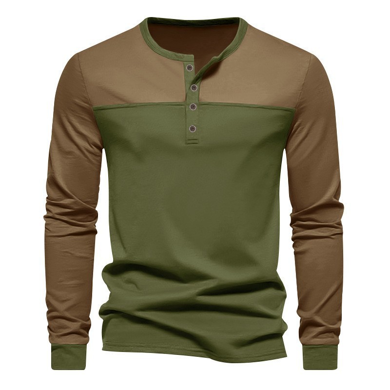 Retro Trendy Long-sleeve Color Matching Henry Collar Bottoming Shirt Casual T-shirt - Image 9