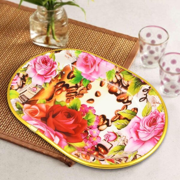 Small Plastic Flower Printed Design Serving Tray (1 Pc / 27 X 18 Cm / Mix Color) - Image 5