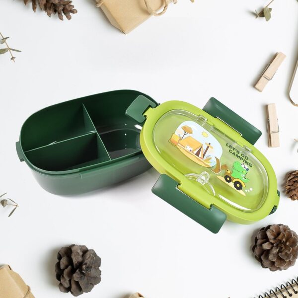 Plastic Lunch Box Leak Proof 3 Compartment With Bottle, Spoon And Fork (1 Set) - Image 4