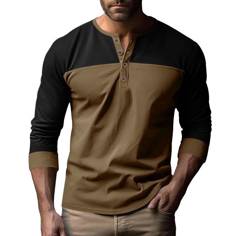Retro Trendy Long-sleeve Color Matching Henry Collar Bottoming Shirt Casual T-shirt - Image 5