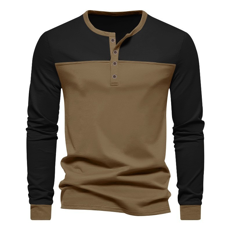 Retro Trendy Long-sleeve Color Matching Henry Collar Bottoming Shirt Casual T-shirt - Image 6