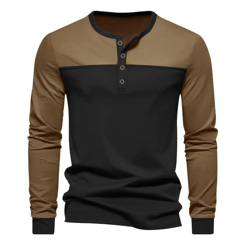 Retro Trendy Long-sleeve Color Matching Henry Collar Bottoming Shirt Casual T-shirt - Image 7