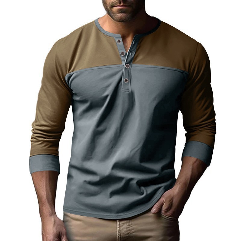 Retro Trendy Long-sleeve Color Matching Henry Collar Bottoming Shirt Casual T-shirt - Image 3