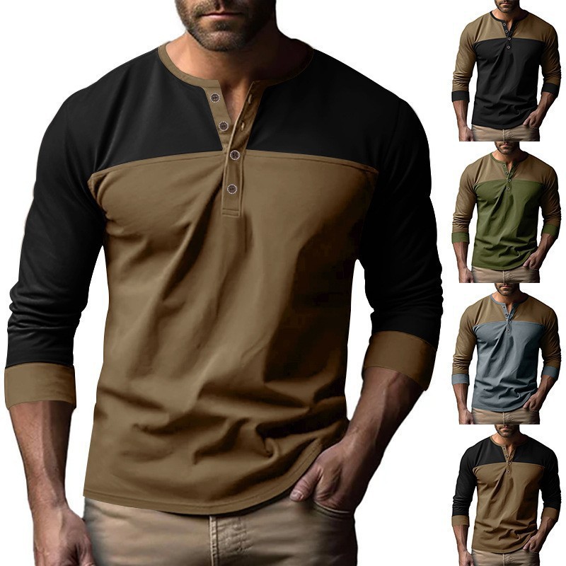 Retro Trendy Long-sleeve Color Matching Henry Collar Bottoming Shirt Casual T-shirt