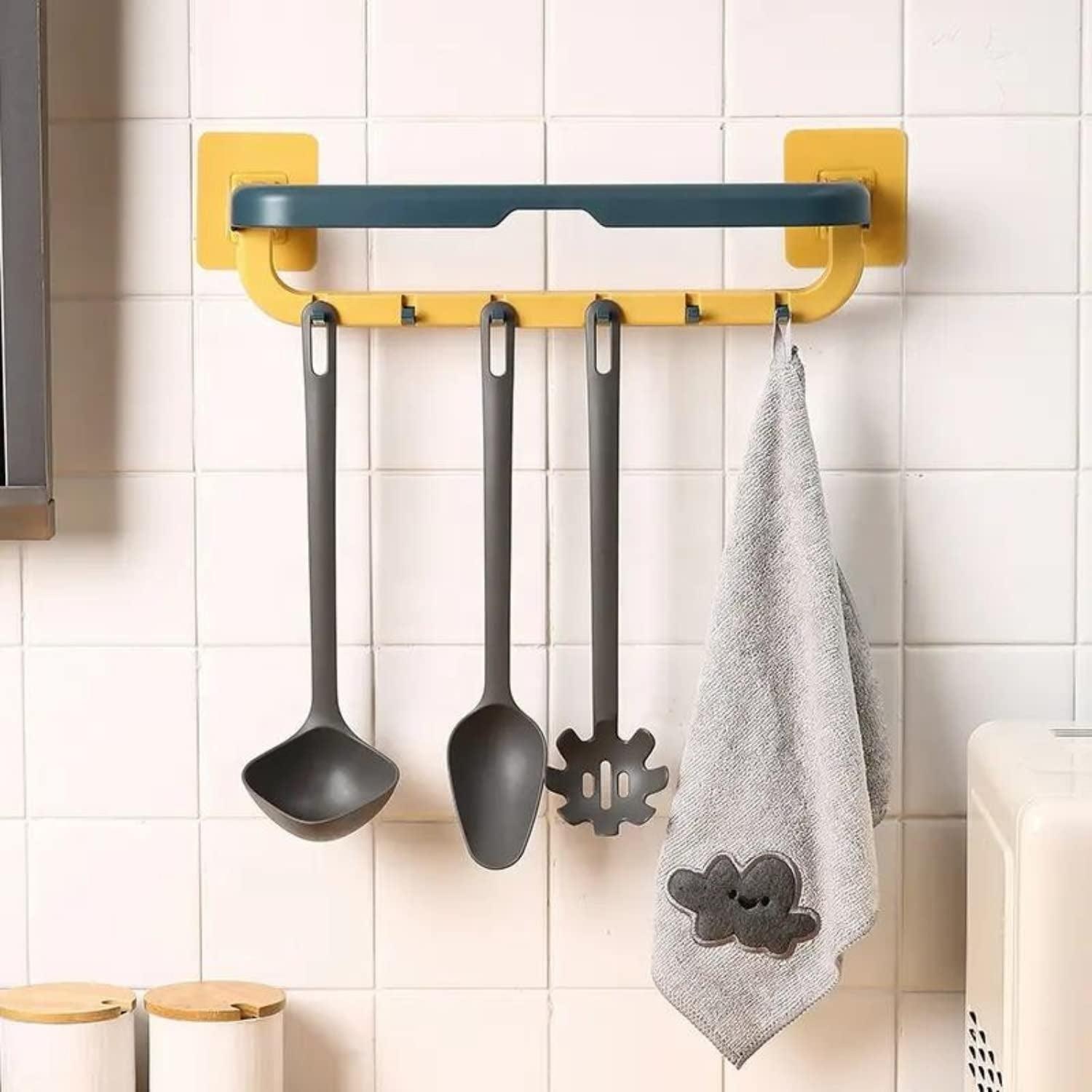 Wall-Mounted Double Bar Towel Holder Folding Shelf With Hooks & Adjustable Design For Bathroom Or Kitchen - Image 3