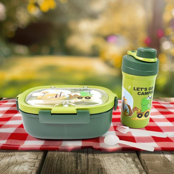 Plastic Lunch Box Leak Proof 3 Compartment With Bottle, Spoon And Fork (1 Set) - Image 2