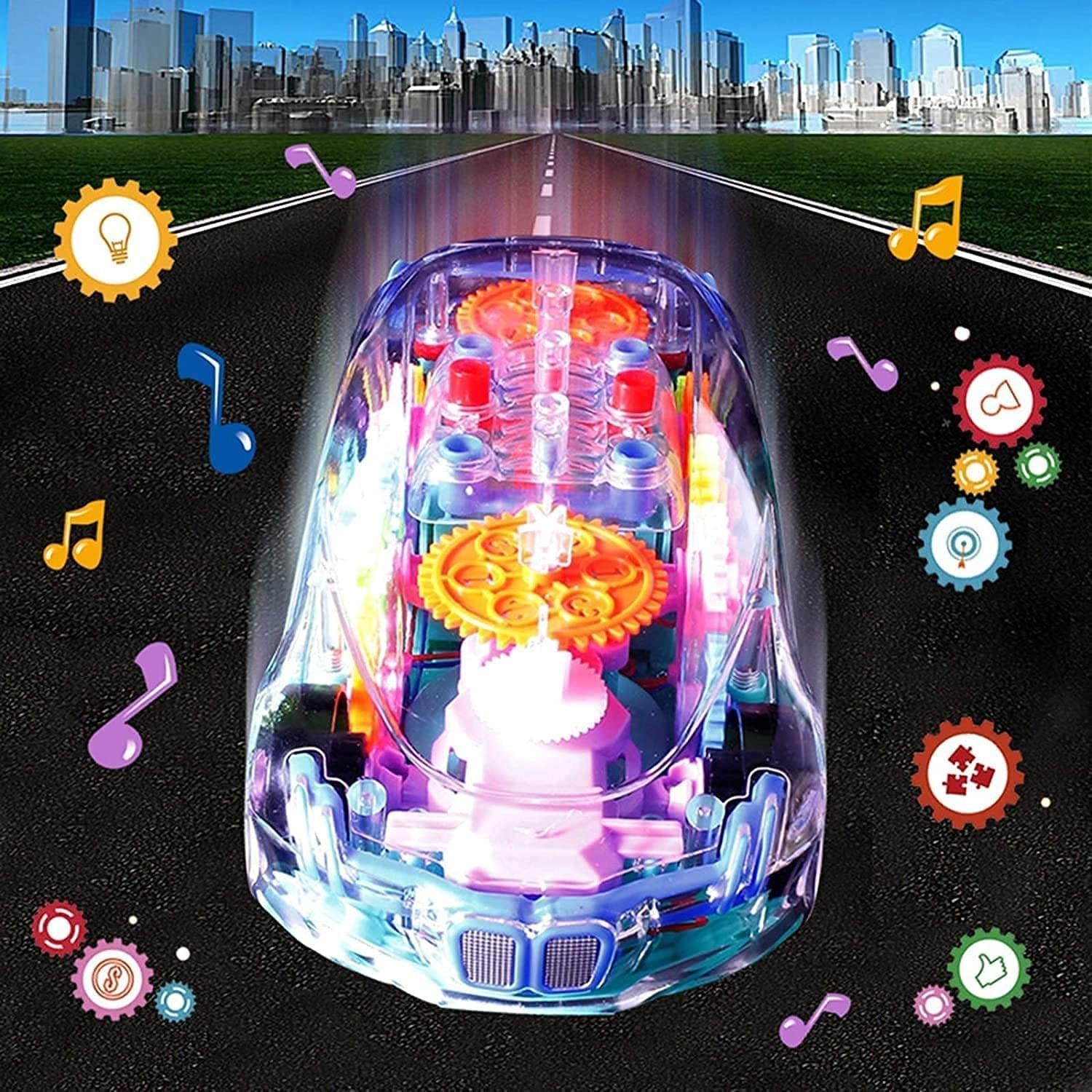 Automatic 360 Degree Rotating Transparent Gear Concept Car With Musical And 3D Flashing Lights Toy For Childrens Boys & Girls (Multicolor / Battery Not Included)