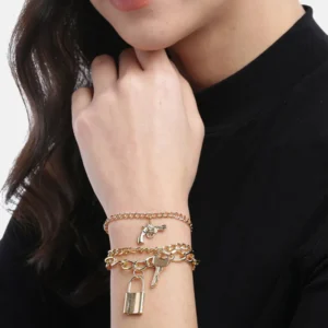 Gold-Plated Lock & Key Charm Bracelet/Anklet for Women – Trendy Padlock Design Fashion Jewelry