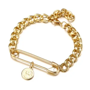Gold-Plated Safety Pin & Coin Charm Bracelet for Women – Statement Fashion Jewellery