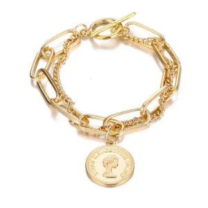 Gold-Plated Multistrand Coin Chain Bracelet for Women – Stylish Layered Charm Bracelet Gift