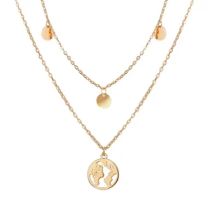 Gold Plated Layered World Map Pendant Necklace for Women – Trendy Disc Charm Jewellery India