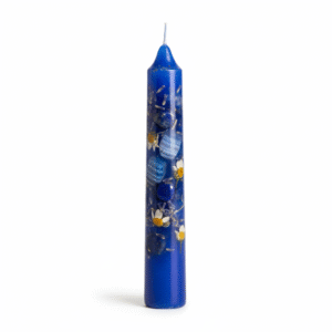 Blue Taper Pillar Crystal Healing Candle – Embedded with Lapis Lazuli, Amethyst & Clear Quartz for Wisdom, Calmness & Communication