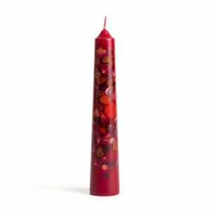 Red Taper Pillar Crystal Healing Candle – Embedded with Rose Quartz, Tiger’s Eye & Clear Quartz for Love, Courage & Emotional Balance