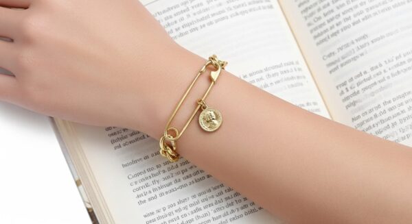 Gold-Plated Safety Pin & Coin Charm Bracelet for Women – Statement Fashion Jewellery - Image 4
