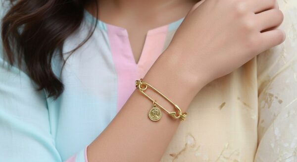 Gold-Plated Safety Pin & Coin Charm Bracelet for Women – Statement Fashion Jewellery - Image 8