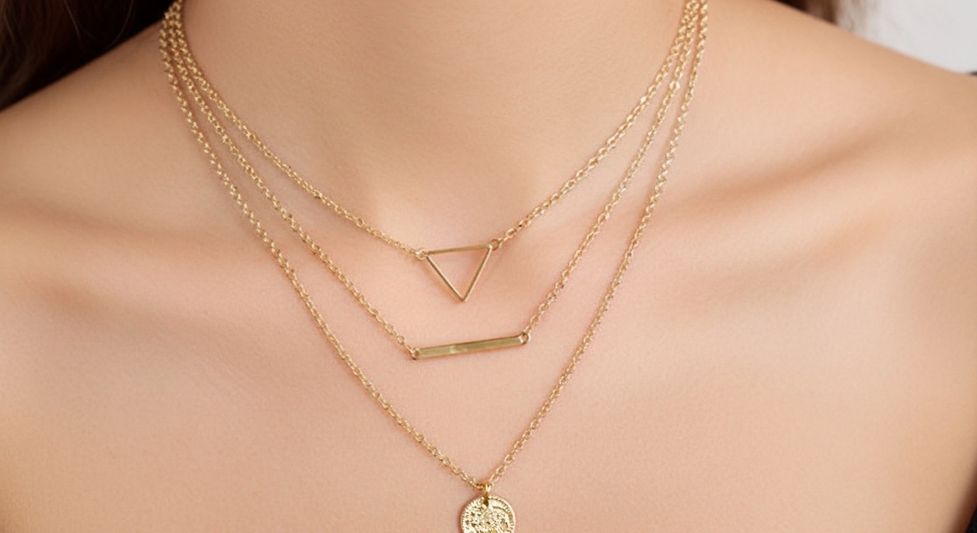 Layered Geometric Gold Plated Necklace for Women – Triangle, Bar & Coin Pendant Choker Style - Image 5