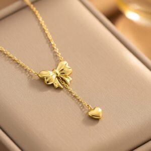 18K Gold-Plated Bow & Heart Pendant Necklace – Dainty Charm Necklace for Women / Gift for Her