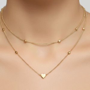 Gold Plated Layered Heart Pendant Necklace for Women – Dainty Heart & Bead Chain Layer Necklace