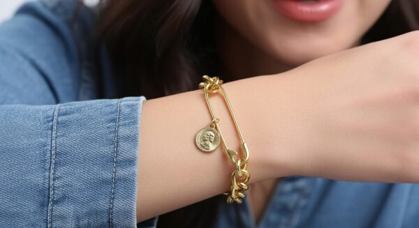 Gold-Plated Safety Pin & Coin Charm Bracelet for Women – Statement Fashion Jewellery - Image 12