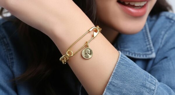 Gold-Plated Safety Pin & Coin Charm Bracelet for Women – Statement Fashion Jewellery - Image 14